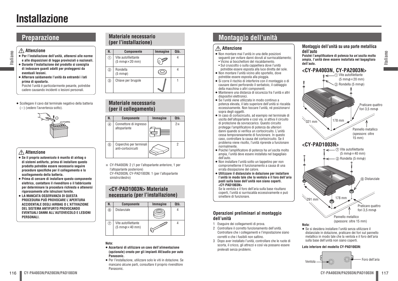 Installazione, Preparazione, Montaggio dell’unità | Panasonic CYPA2003N User Manual | Page 59 / 82