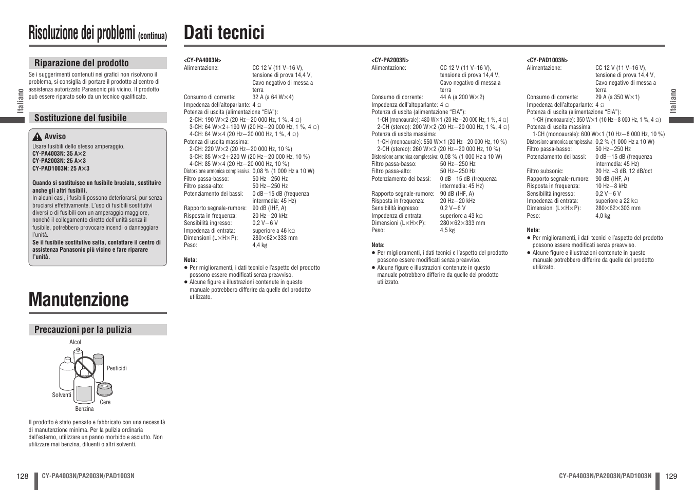 Manutenzione, Dati tecnici, Risoluzione dei problemi | Precauzioni per la pulizia, Continua) riparazione del prodotto, Sostituzione del fusibile | Panasonic CYPA2003N User Manual | Page 65 / 82