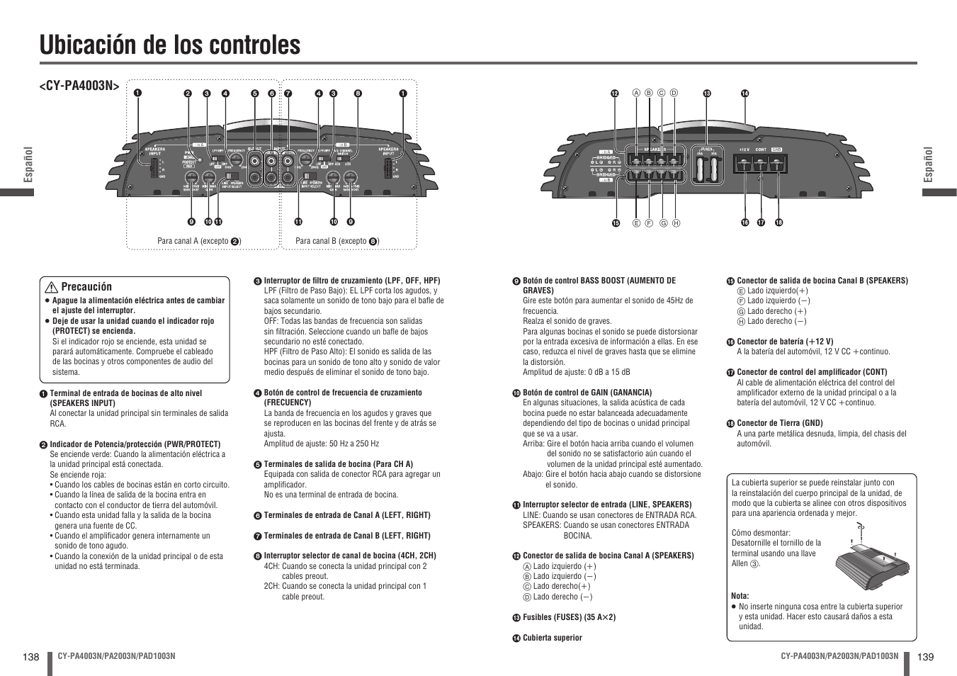 Ubicación de los controles, Cy-pa4003n | Panasonic CYPA2003N User Manual | Page 70 / 82