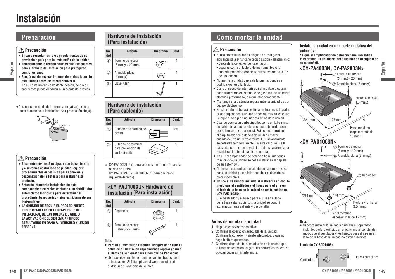 Instalación, Preparación, Cómo montar la unidad | Panasonic CYPA2003N User Manual | Page 75 / 82