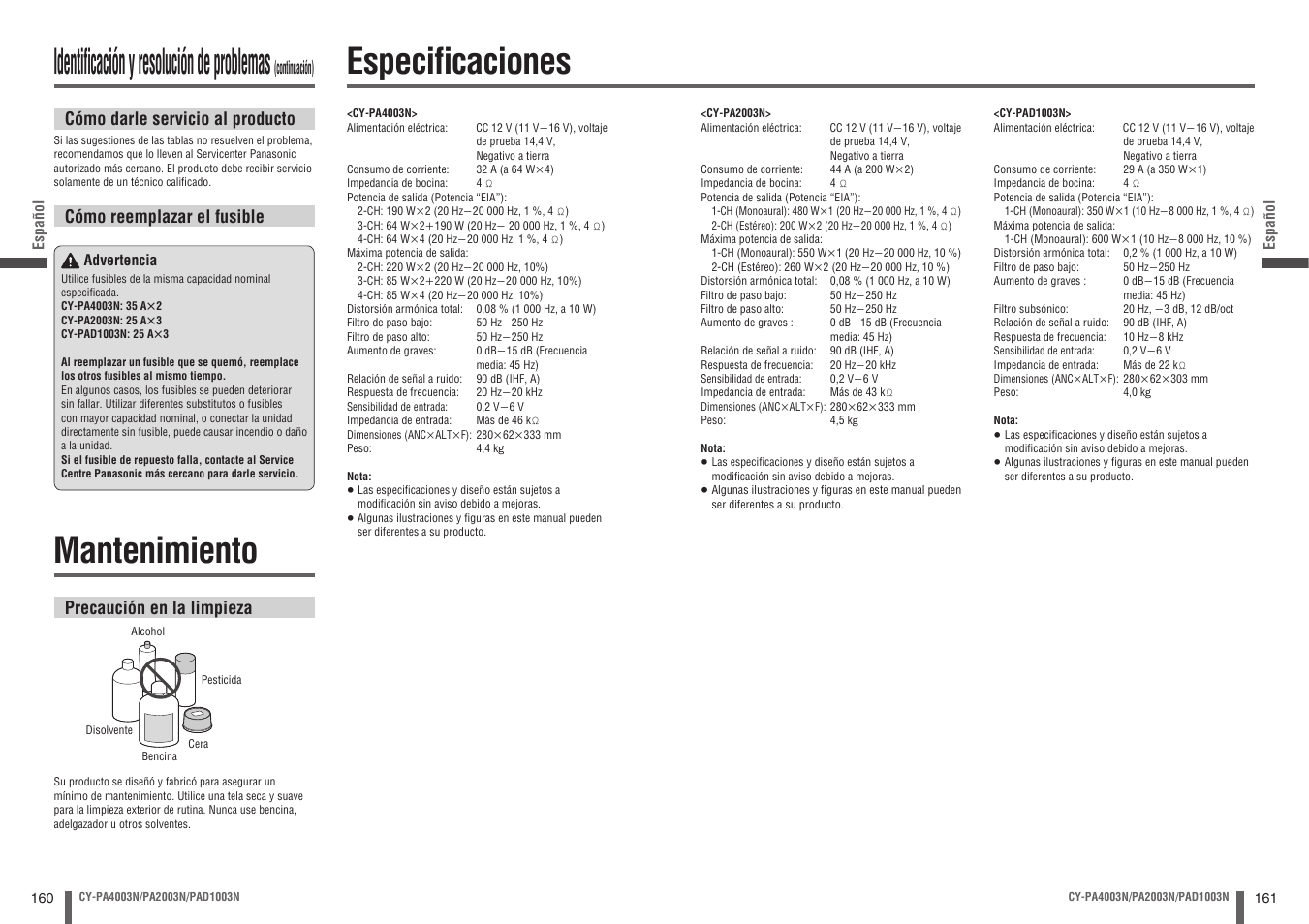 Mantenimiento, Especifi caciones, Identifi cación y resolución de problemas | Panasonic CYPA2003N User Manual | Page 81 / 82