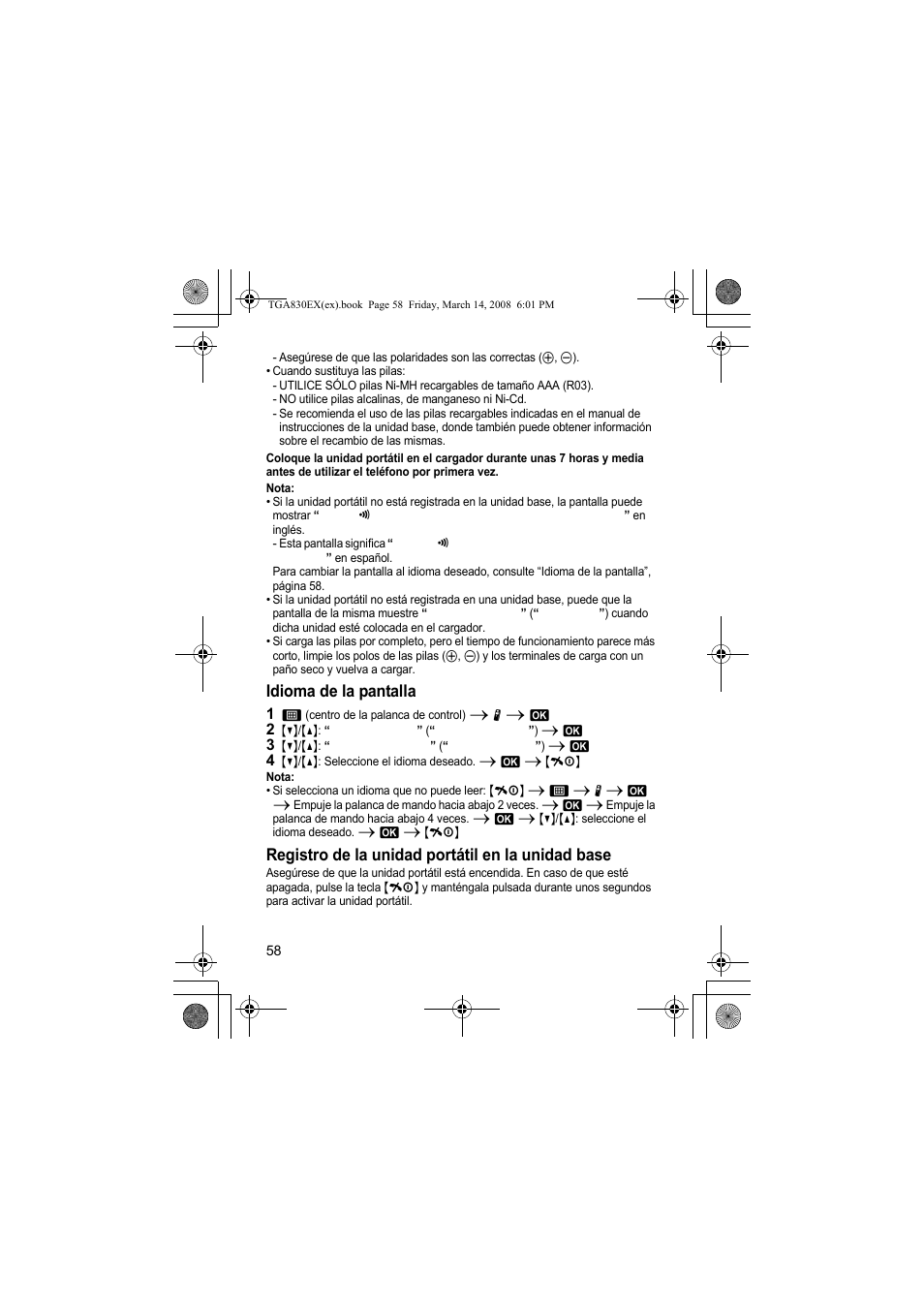 Idioma de la pantalla, Registro de la unidad portátil en la unidad base | Panasonic KXTGA830EX User Manual | Page 58 / 80