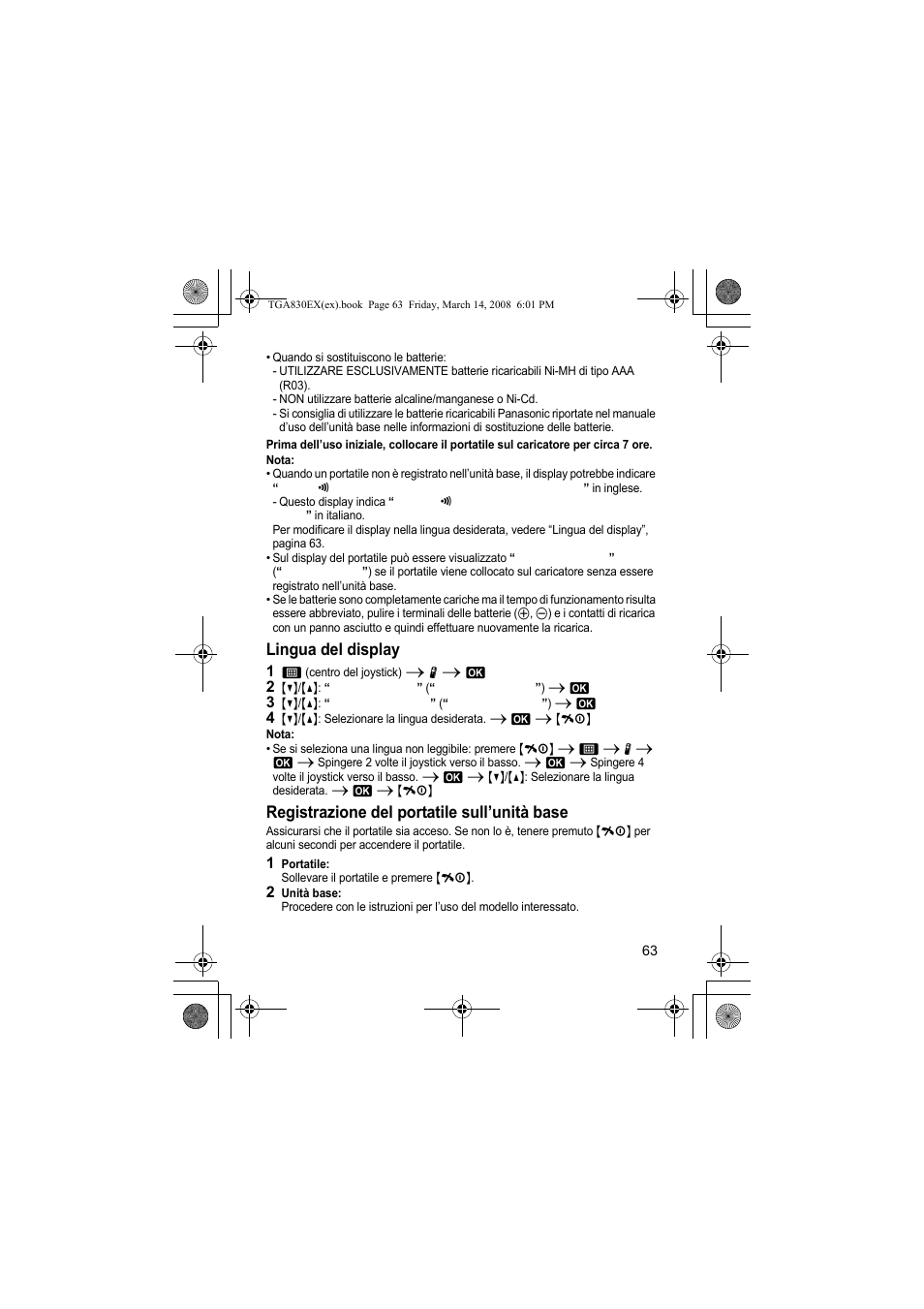 Lingua del display, Registrazione del portatile sull’unità base | Panasonic KXTGA830EX User Manual | Page 63 / 80