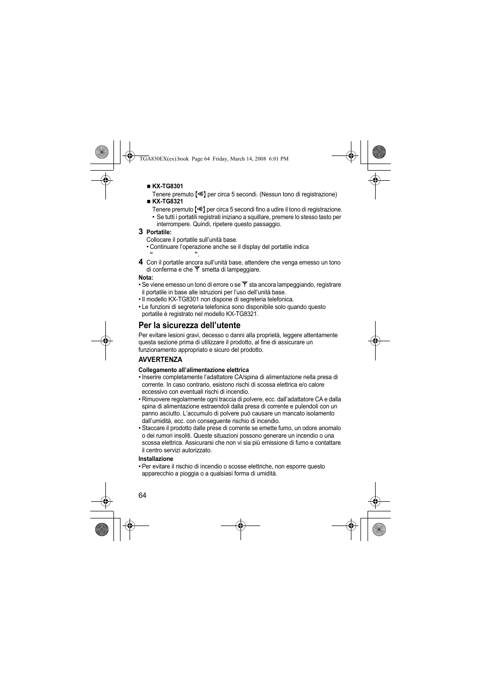 Per la sicurezza dell’utente | Panasonic KXTGA830EX User Manual | Page 64 / 80
