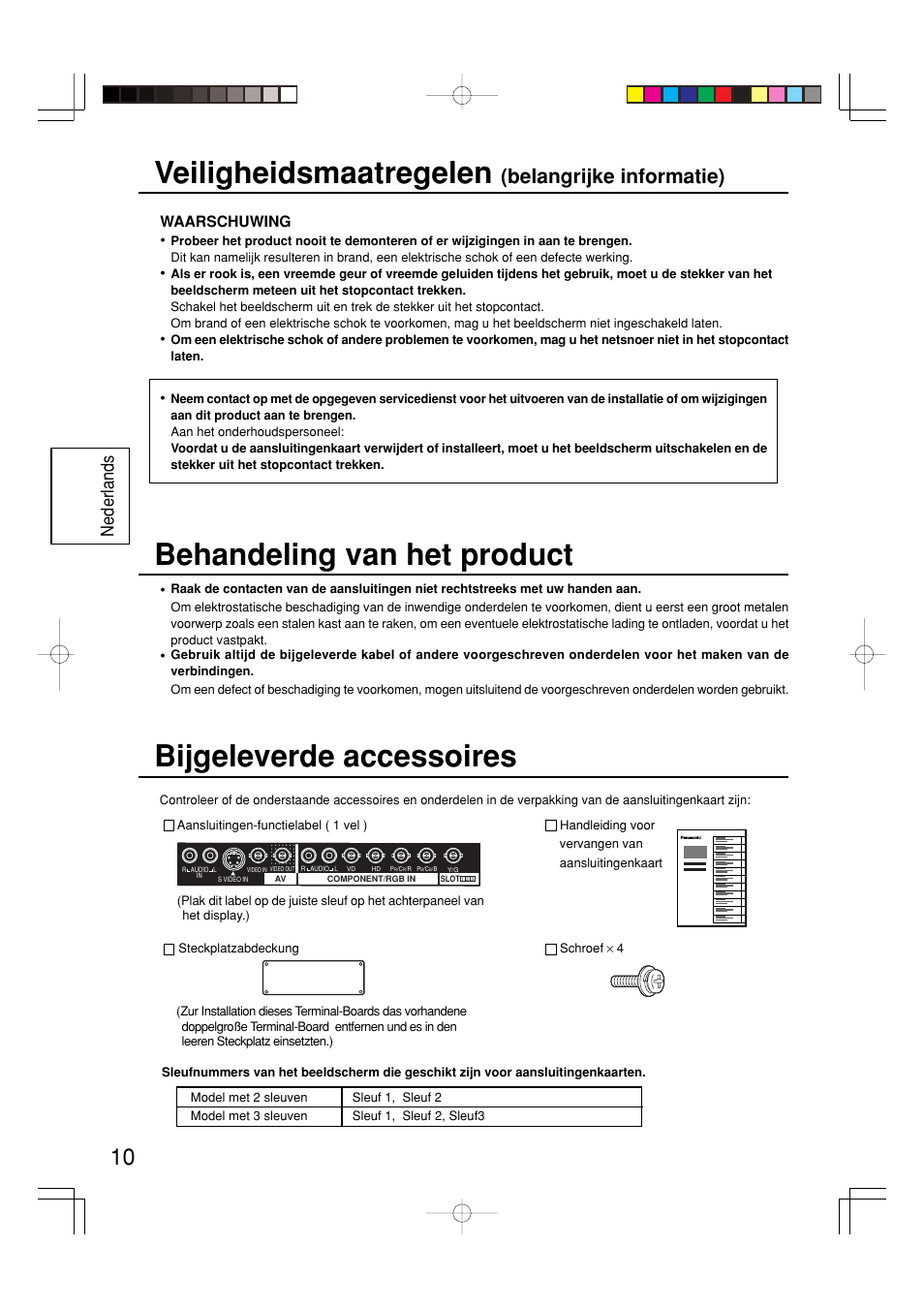 Veiligheidsmaatregelen, Bijgeleverde accessoires, Behandeling van het product | Belangrijke informatie), Nederlands | Panasonic TY42TM6Y User Manual | Page 10 / 24