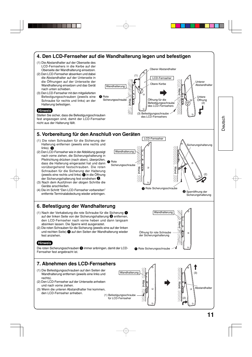Vorbereitung für den anschluß von geräten, Befestigung der wandhalterung, Abnehmen des lcd-fernsehers | Deutsch | Panasonic TYWK32LX20W User Manual | Page 11 / 24