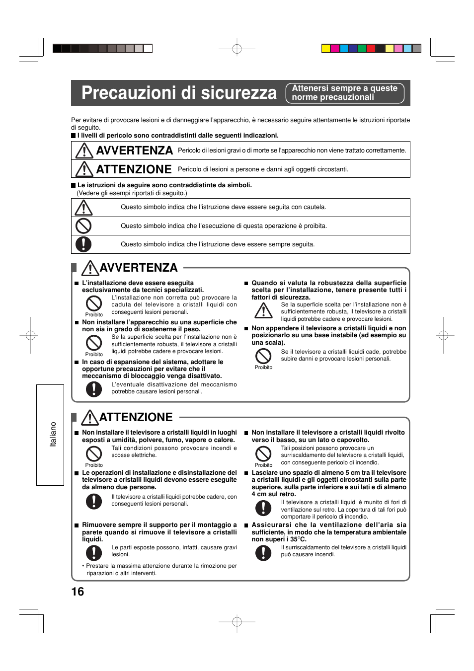 Precauzioni di sicurezza, Avvertenza, Attenzione | Panasonic TYWK32LX20W User Manual | Page 16 / 24