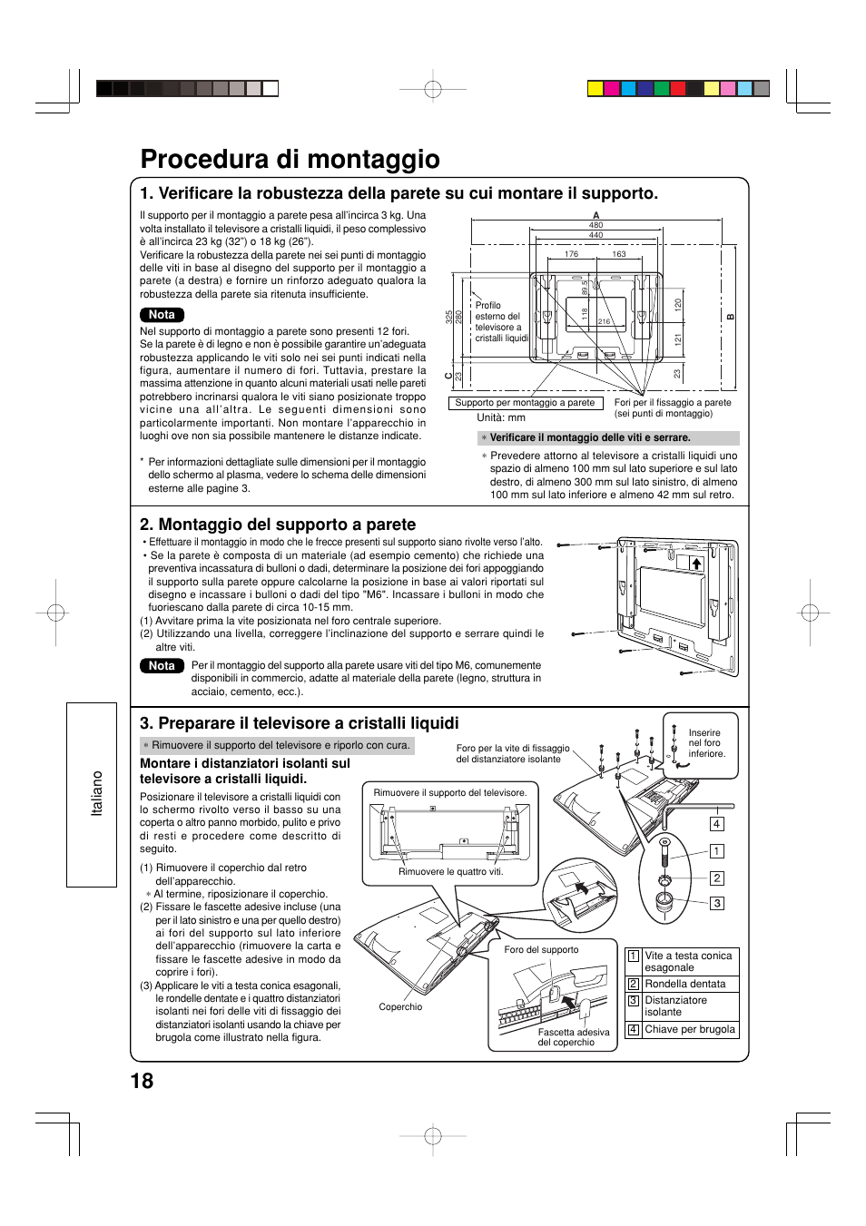 Procedura di montaggio, Montaggio del supporto a parete, Preparare il televisore a cristalli liquidi | Italiano | Panasonic TYWK32LX20W User Manual | Page 18 / 24