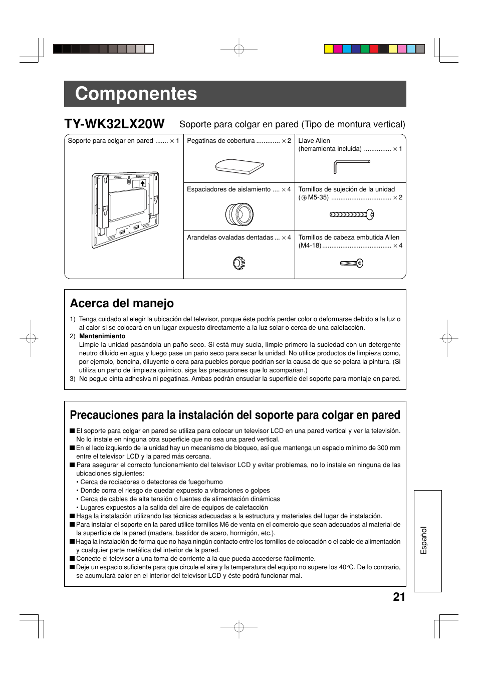 Componentes, Ty-wk32lx20w, Acerca del manejo | Panasonic TYWK32LX20W User Manual | Page 21 / 24