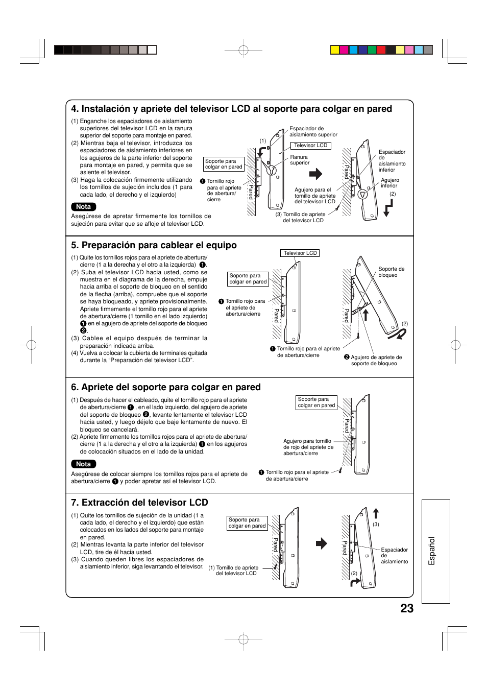 Preparación para cablear el equipo, Apriete del soporte para colgar en pared, Extracción del televisor lcd | Espa ñ ol | Panasonic TYWK32LX20W User Manual | Page 23 / 24
