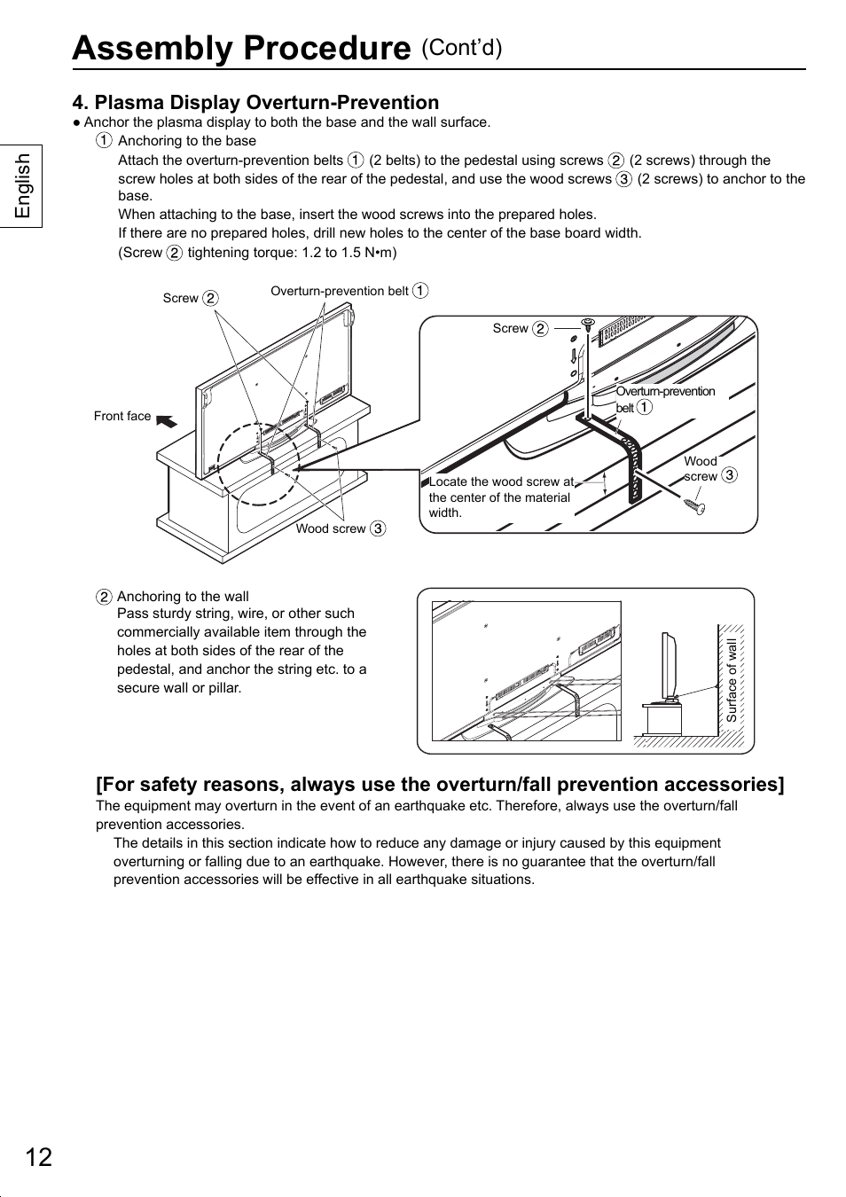 Assembly procedure, Cont’d), Plasma display overturn-prevention | English | Panasonic TYST20K User Manual | Page 12 / 60