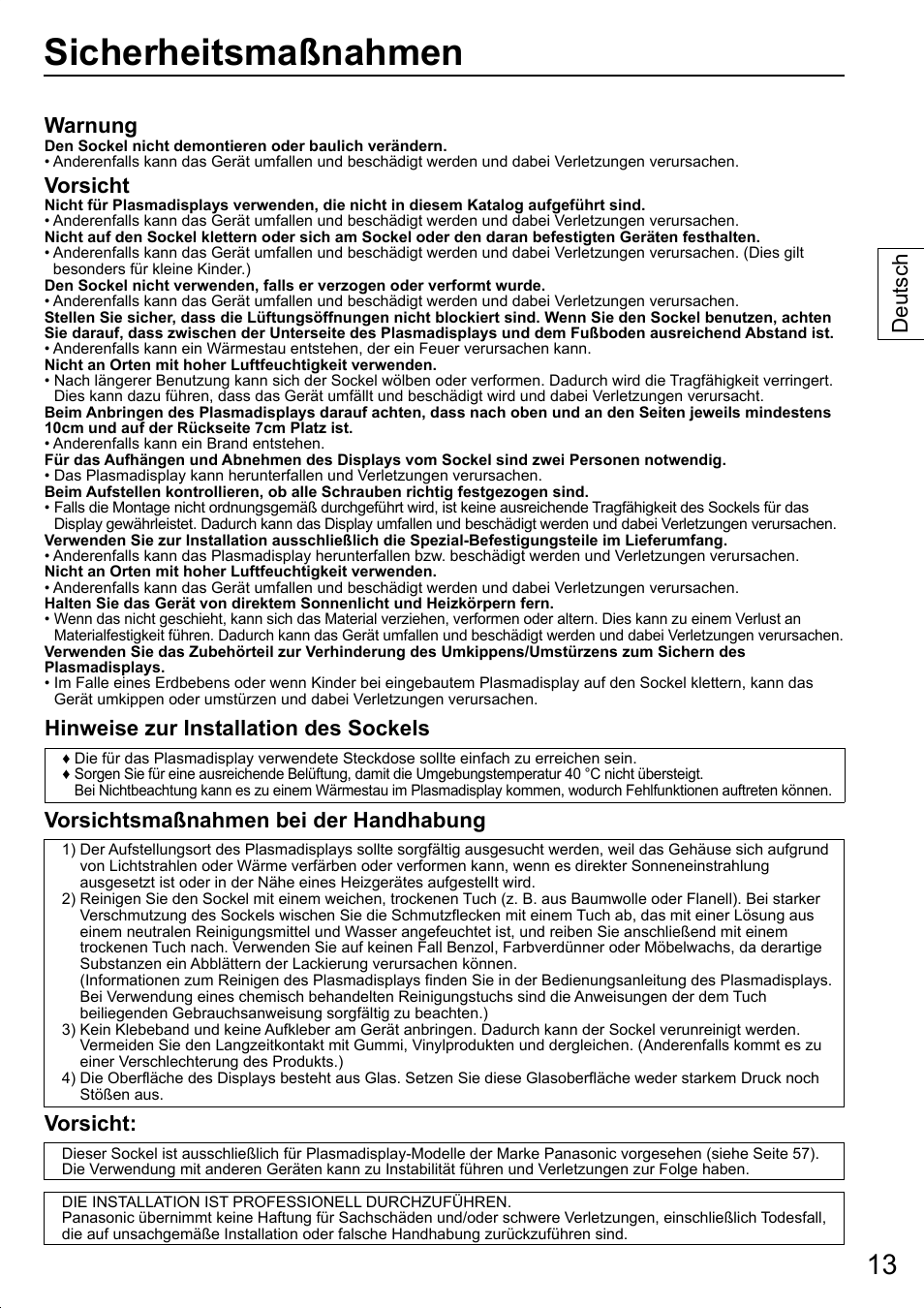Sicherheitsmaßnahmen, Warnung, Vorsicht | Hinweise zur installation des sockels, Vorsichtsmaßnahmen bei der handhabung, Deutsch | Panasonic TYST20K User Manual | Page 13 / 60