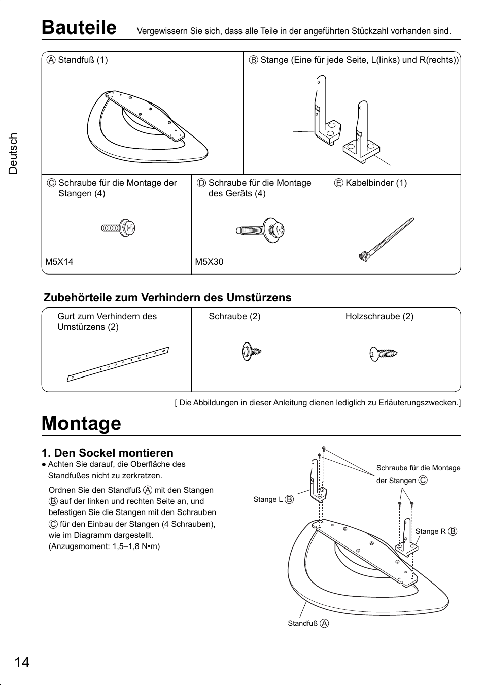 Bauteile, Montage, Zubehörteile zum verhindern des umstürzens | Den sockel montieren, Deutsch | Panasonic TYST20K User Manual | Page 14 / 60