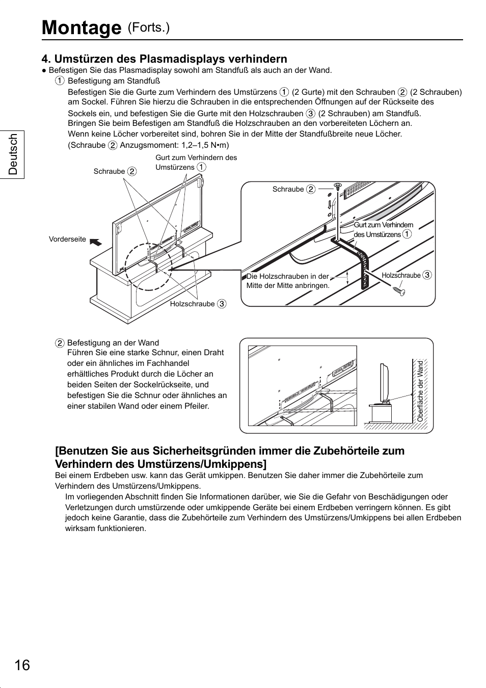 Montage, Forts.), Umstürzen des plasmadisplays verhindern | Deutsch | Panasonic TYST20K User Manual | Page 16 / 60