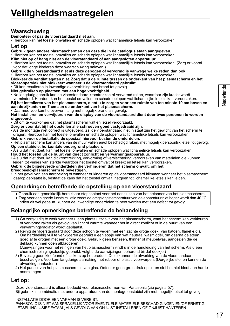 Veiligheidsmaatregelen, Waarschuwing, Let op | Belangrijke opmerkingen betreffende de behandeling, Nederlands | Panasonic TYST20K User Manual | Page 17 / 60