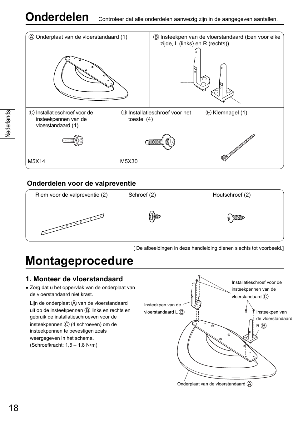 Onderdelen, Montageprocedure, Onderdelen voor de valpreventie | Monteer de vloerstandaard, Nederlands | Panasonic TYST20K User Manual | Page 18 / 60