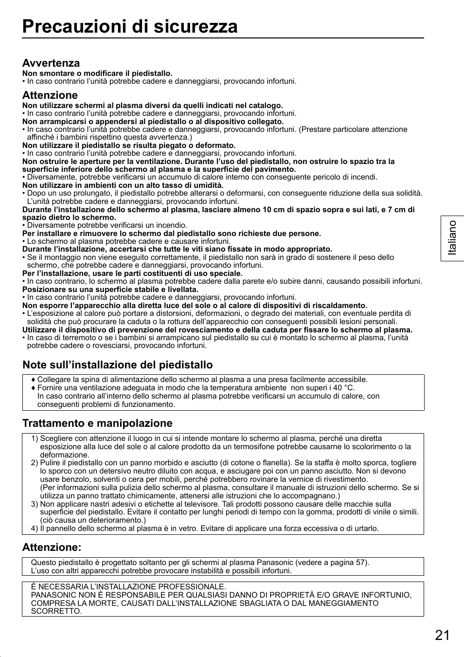 Precauzioni di sicurezza, Avvertenza, Attenzione | Trattamento e manipolazione, Italiano | Panasonic TYST20K User Manual | Page 21 / 60