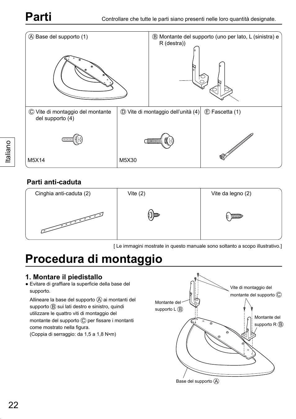 Parti, Procedura di montaggio, Parti anti-caduta | Montare il piedistallo, Italiano | Panasonic TYST20K User Manual | Page 22 / 60