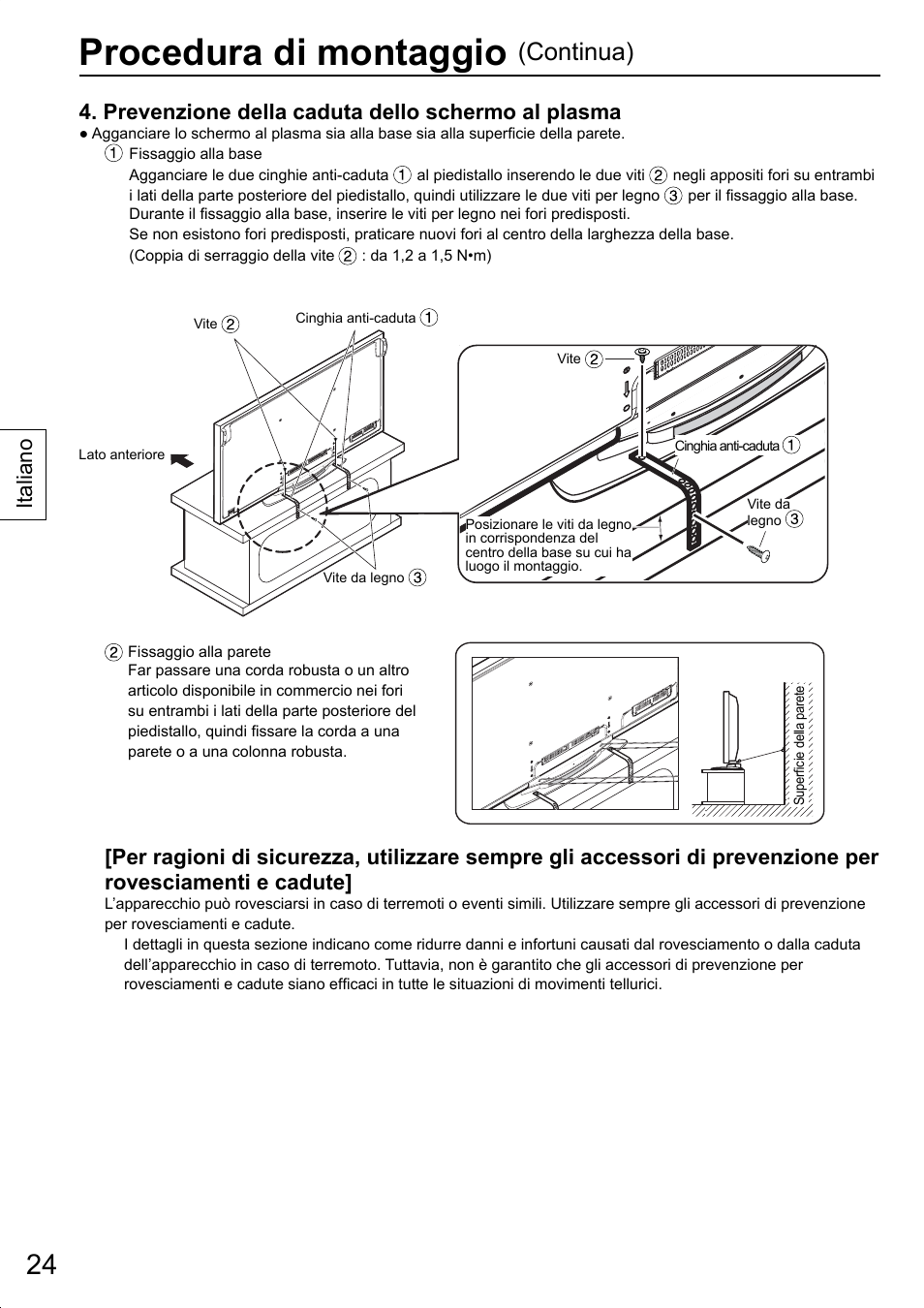Procedura di montaggio, Continua), Prevenzione della caduta dello schermo al plasma | Italiano | Panasonic TYST20K User Manual | Page 24 / 60