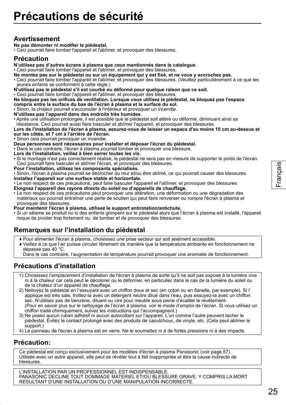 Précautions de sécurité, Avertissement, Précaution | Remarques sur l’installation du piédestal, Précautions d’installation, Français | Panasonic TYST20K User Manual | Page 25 / 60
