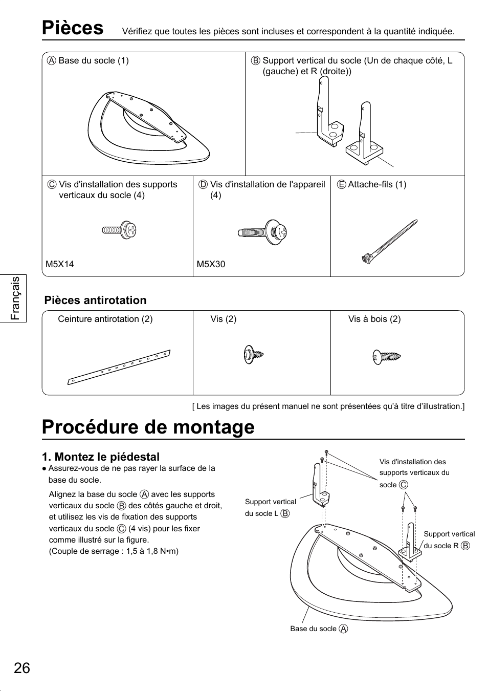Pièces, Procédure de montage, Pièces antirotation | Montez le piédestal, Français | Panasonic TYST20K User Manual | Page 26 / 60
