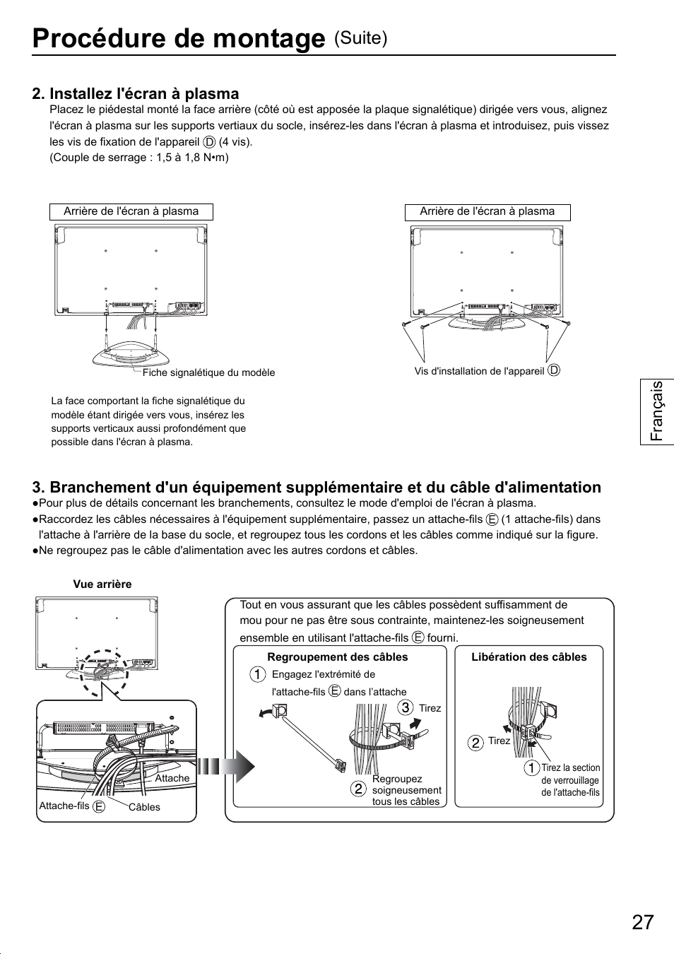 Procédure de montage, Suite), Installez l'écran à plasma | Français | Panasonic TYST20K User Manual | Page 27 / 60