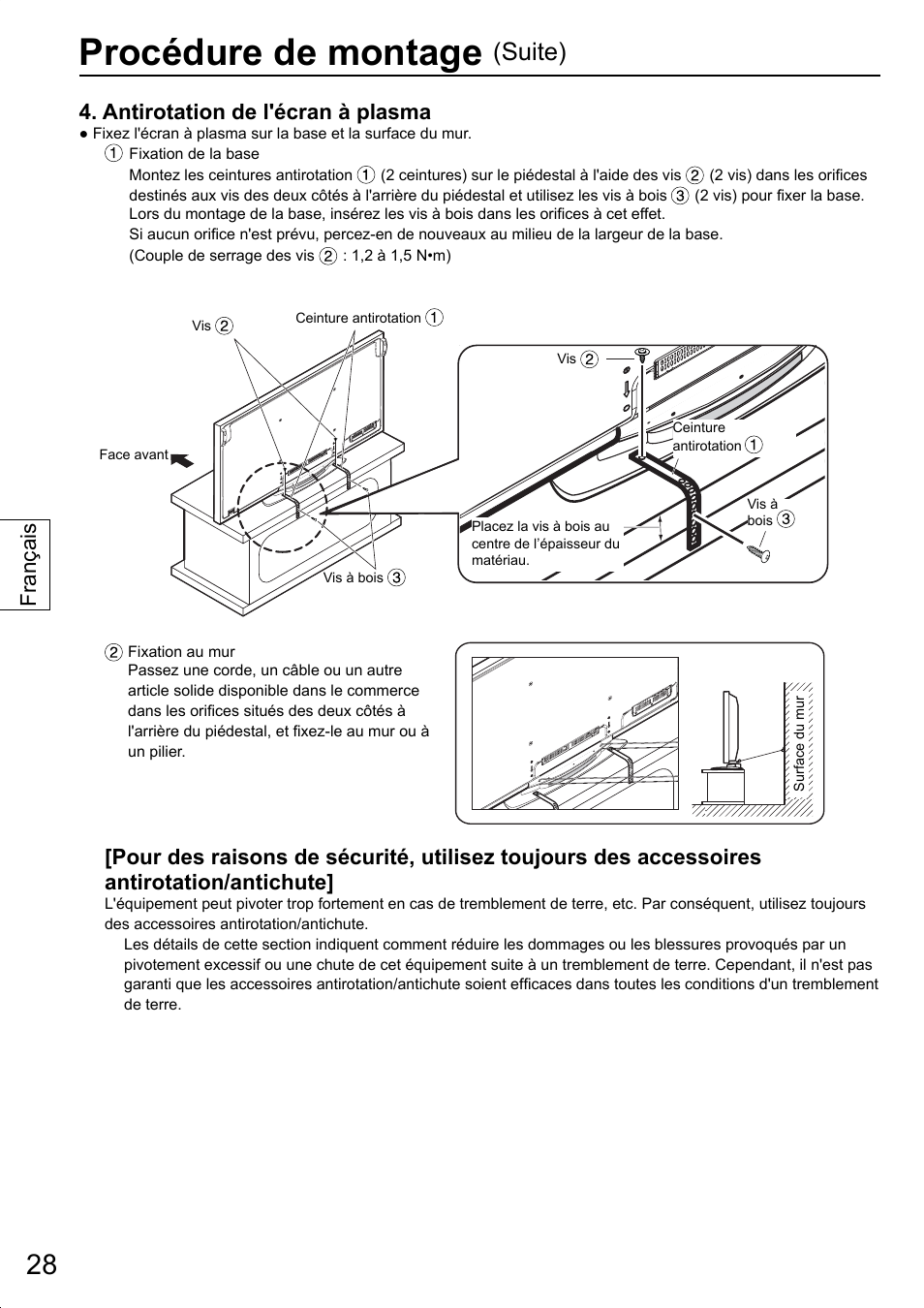 Procédure de montage, Suite), Antirotation de l'écran à plasma | Français | Panasonic TYST20K User Manual | Page 28 / 60