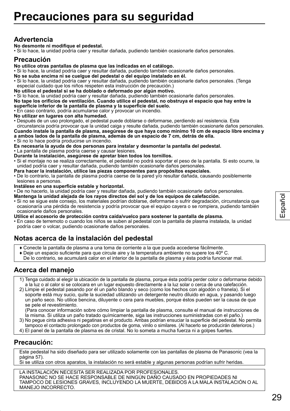 Precauciones para su seguridad, Advertencia, Precaución | Notas acerca de la instalación del pedestal, Acerca del manejo, Español | Panasonic TYST20K User Manual | Page 29 / 60