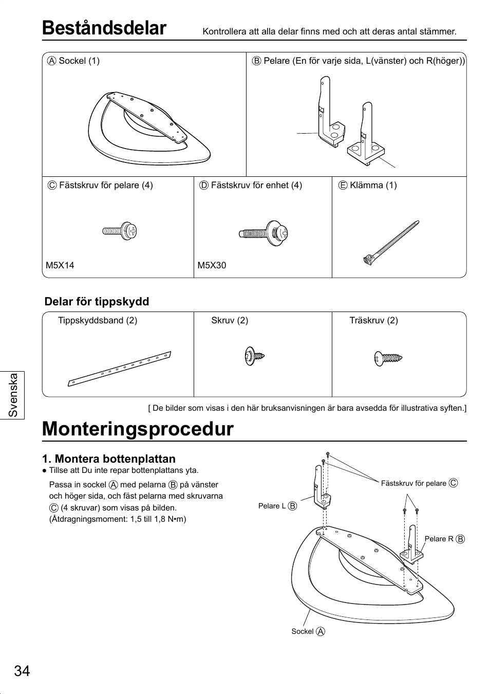 Beståndsdelar, Monteringsprocedur, Delar för tippskydd | Montera bottenplattan, Svenska | Panasonic TYST20K User Manual | Page 34 / 60