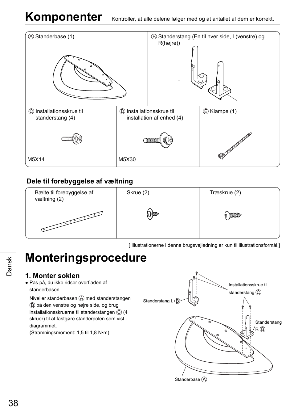 Komponenter, Monteringsprocedure, Dele til forebyggelse af væltning | Monter soklen, Dansk | Panasonic TYST20K User Manual | Page 38 / 60