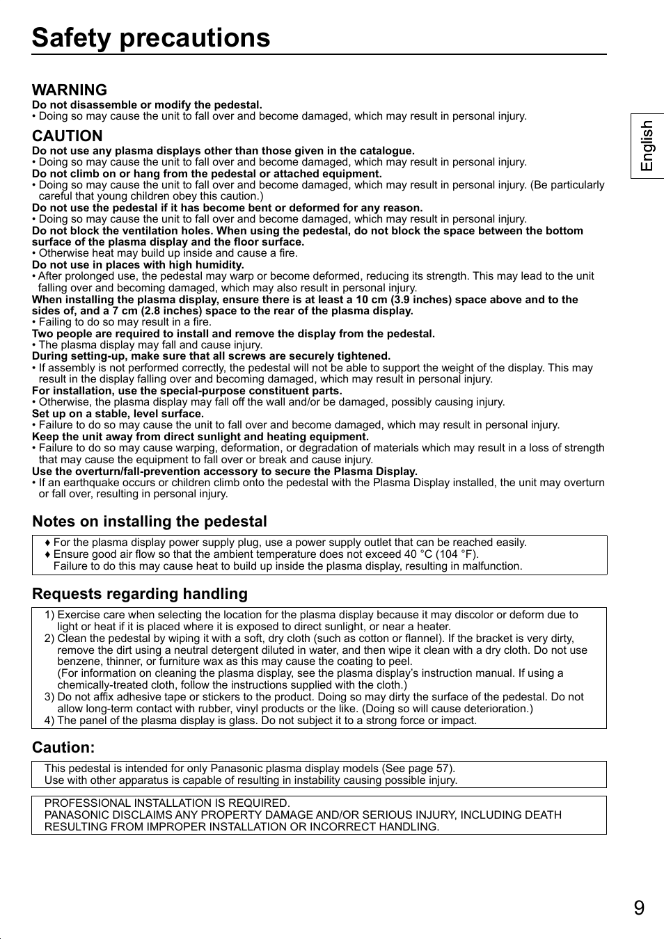 Safety precautions, Warning, Caution | Requests regarding handling, English | Panasonic TYST20K User Manual | Page 9 / 60