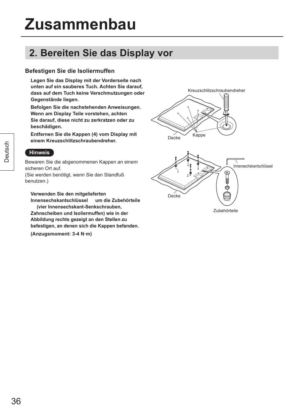 Bereiten sie das display vor, Zusammenbau | Panasonic TYST65PF1 User Manual | Page 36 / 96