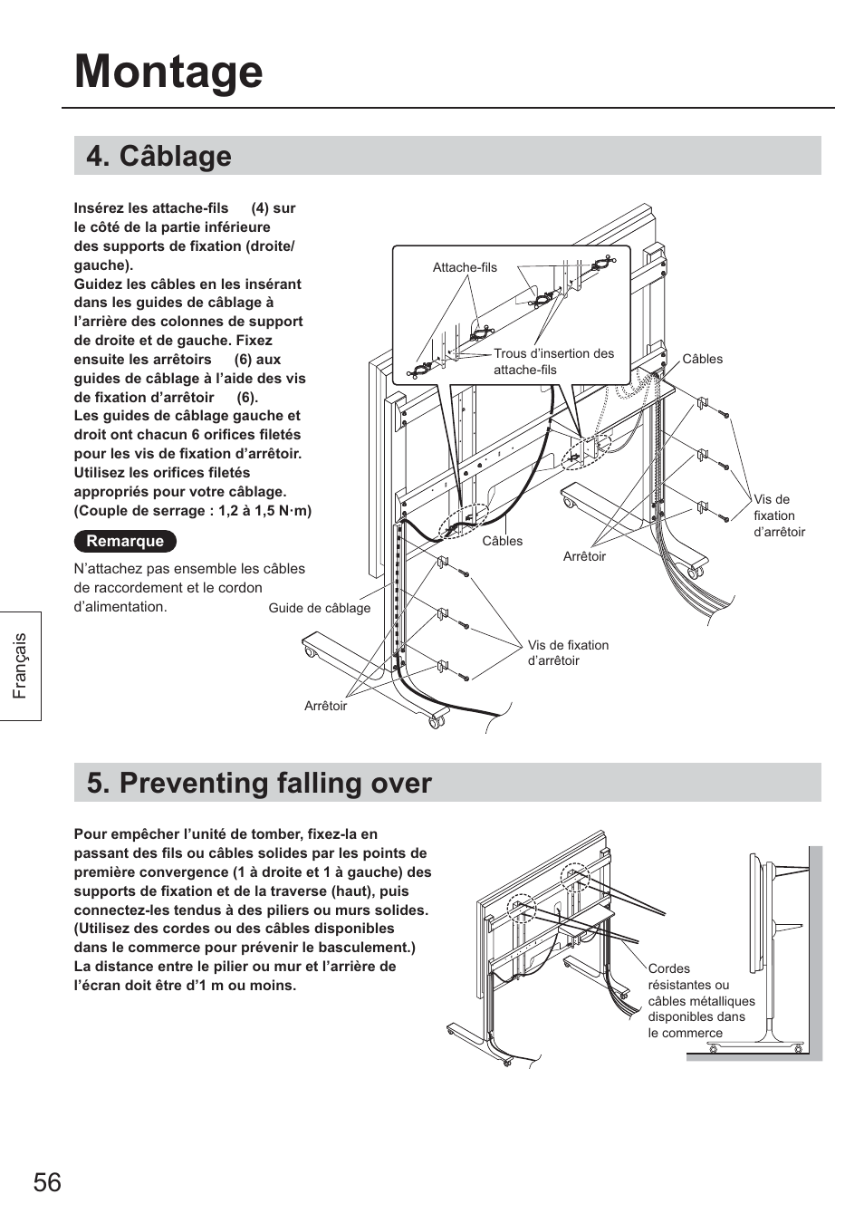 Câblage, Preventing falling over, Montage | Panasonic TYST65PF1 User Manual | Page 56 / 96