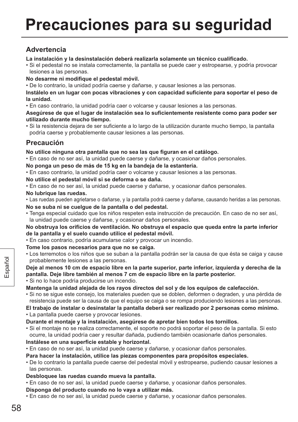 Precauciones para su seguridad, Advertencia, Precaución | Panasonic TYST65PF1 User Manual | Page 58 / 96