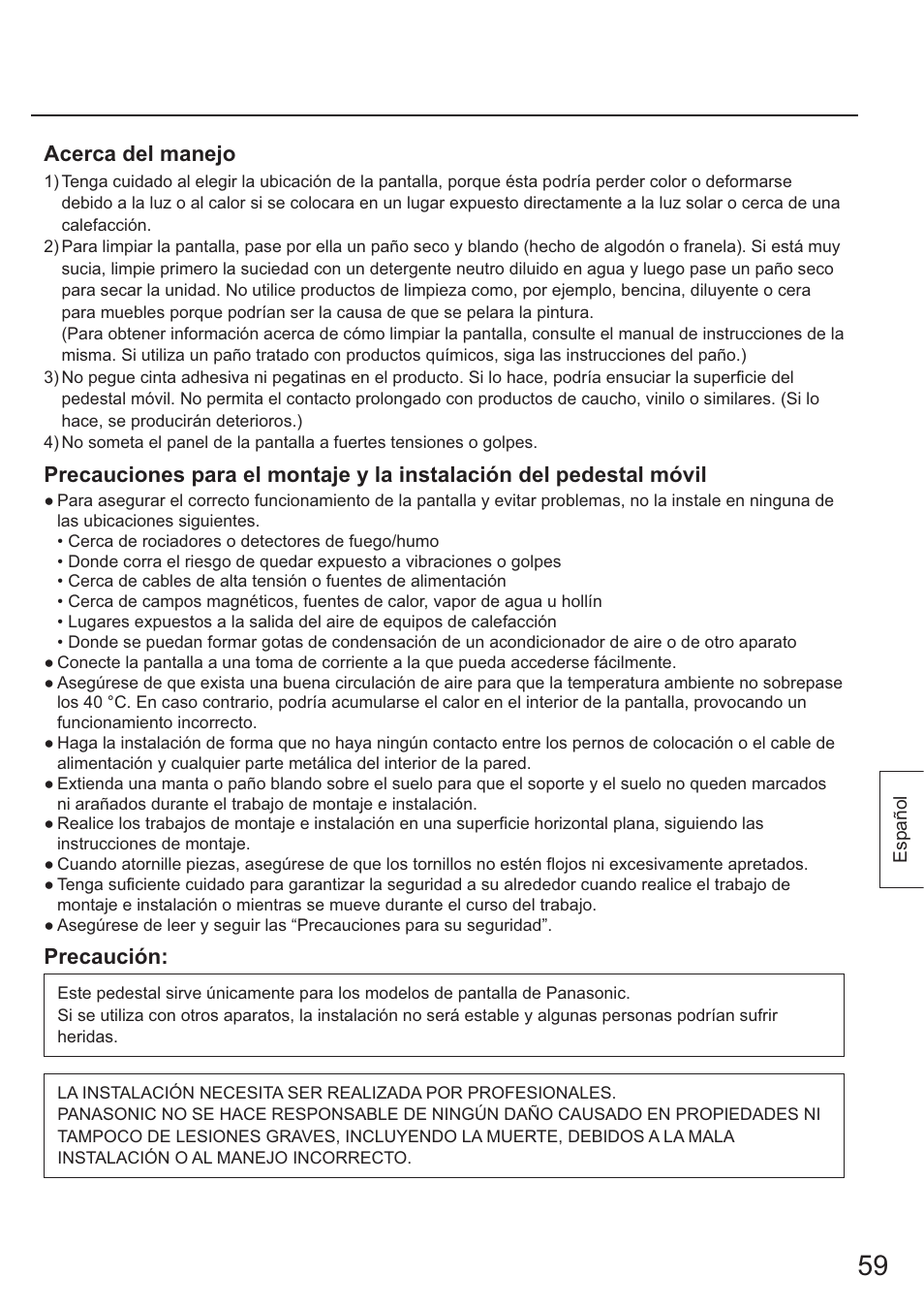 Acerca del manejo, Precaución | Panasonic TYST65PF1 User Manual | Page 59 / 96