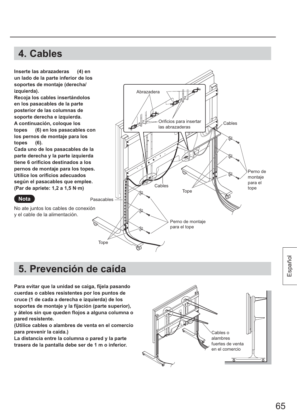 Cables, Prevención de caída | Panasonic TYST65PF1 User Manual | Page 65 / 96