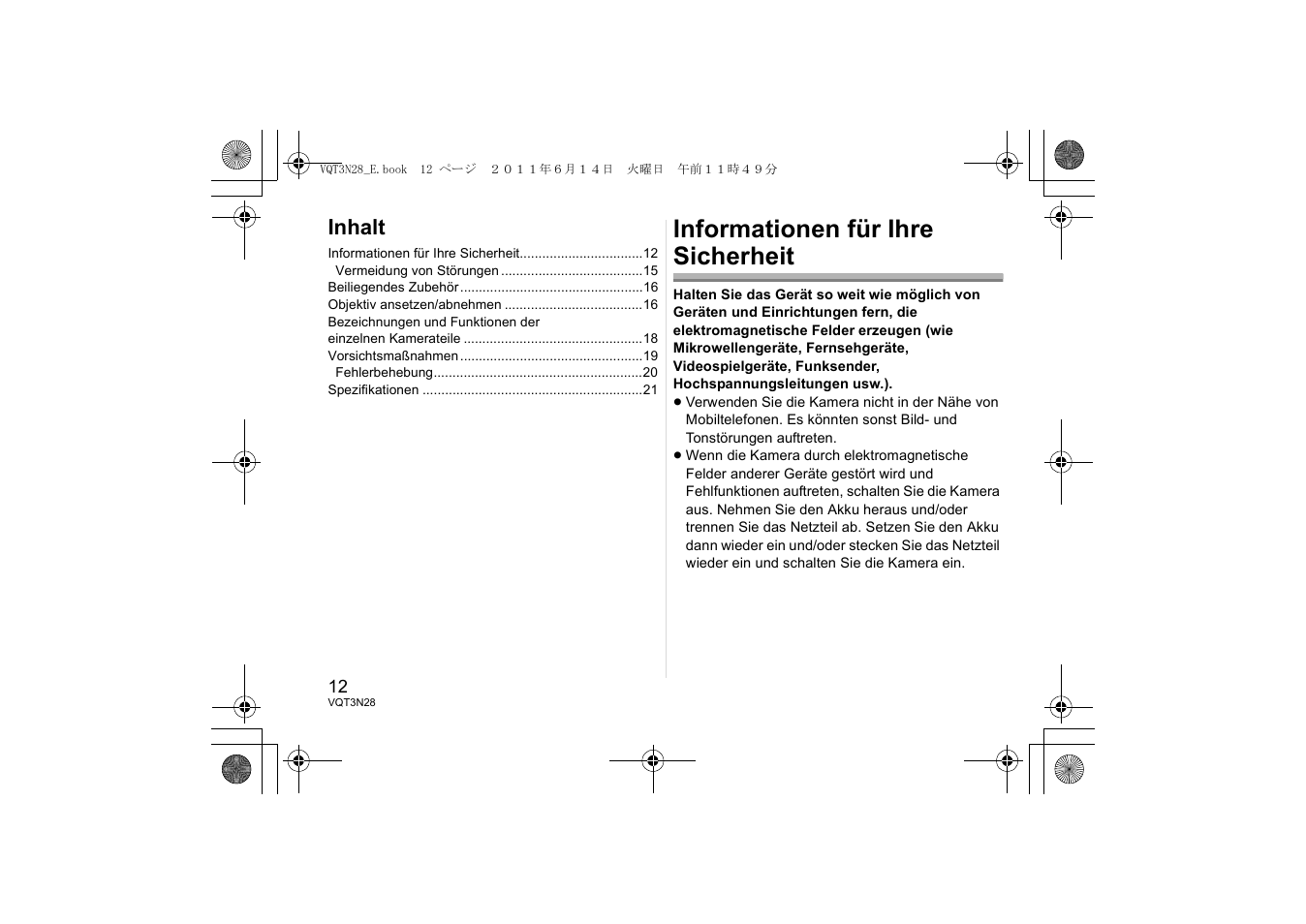 Informationen für ihre sicherheit, Inhalt | Panasonic HX025E User Manual | Page 12 / 72