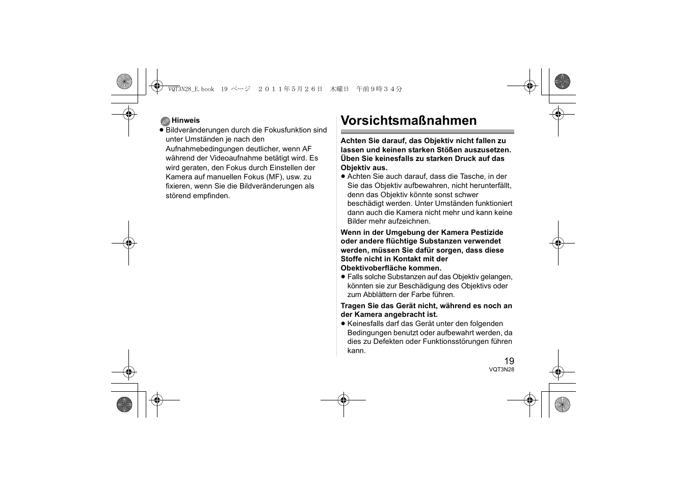 Vorsichtsmaßnahmen | Panasonic HX025E User Manual | Page 19 / 72