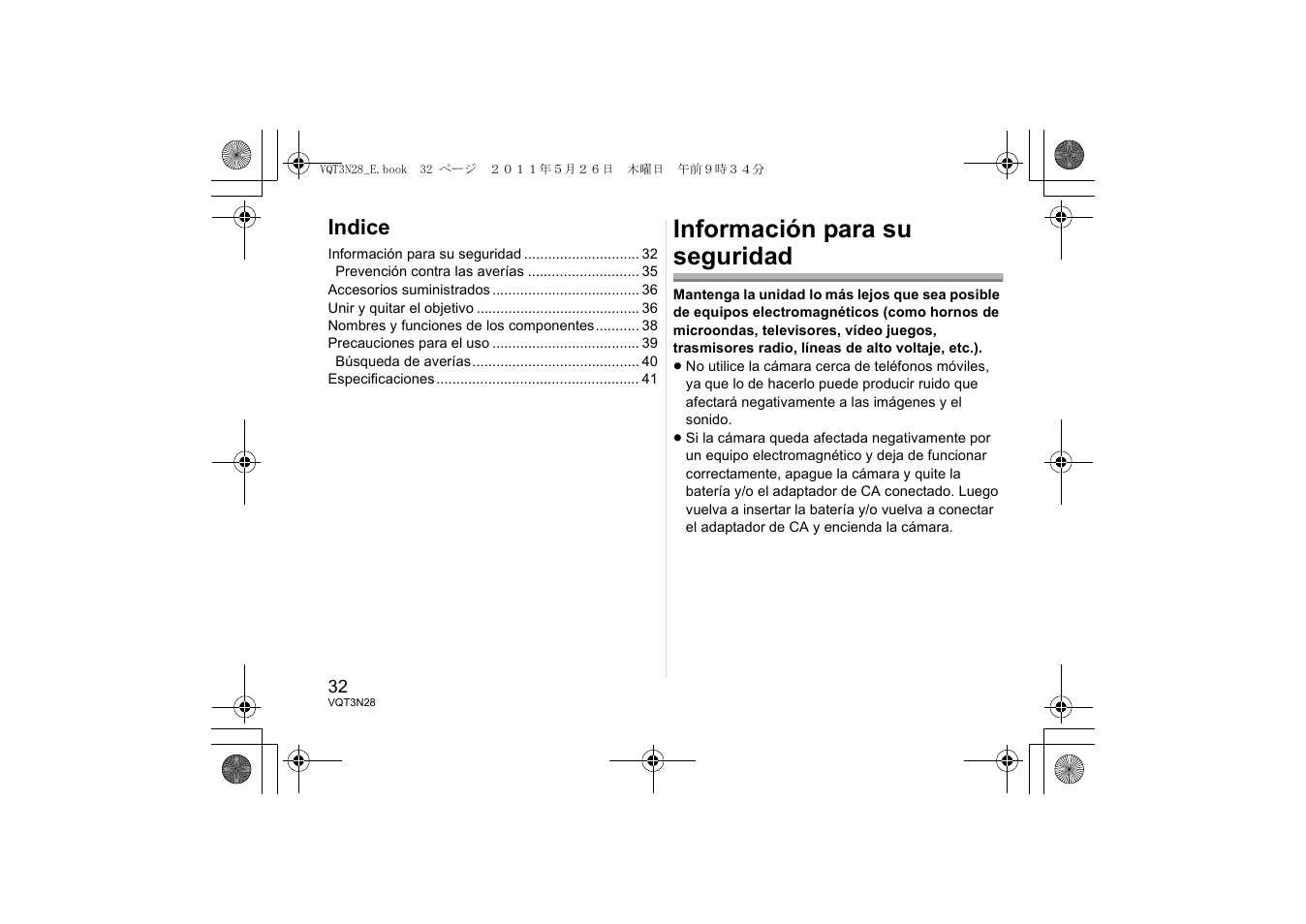 Información para su seguridad, Indice | Panasonic HX025E User Manual | Page 32 / 72