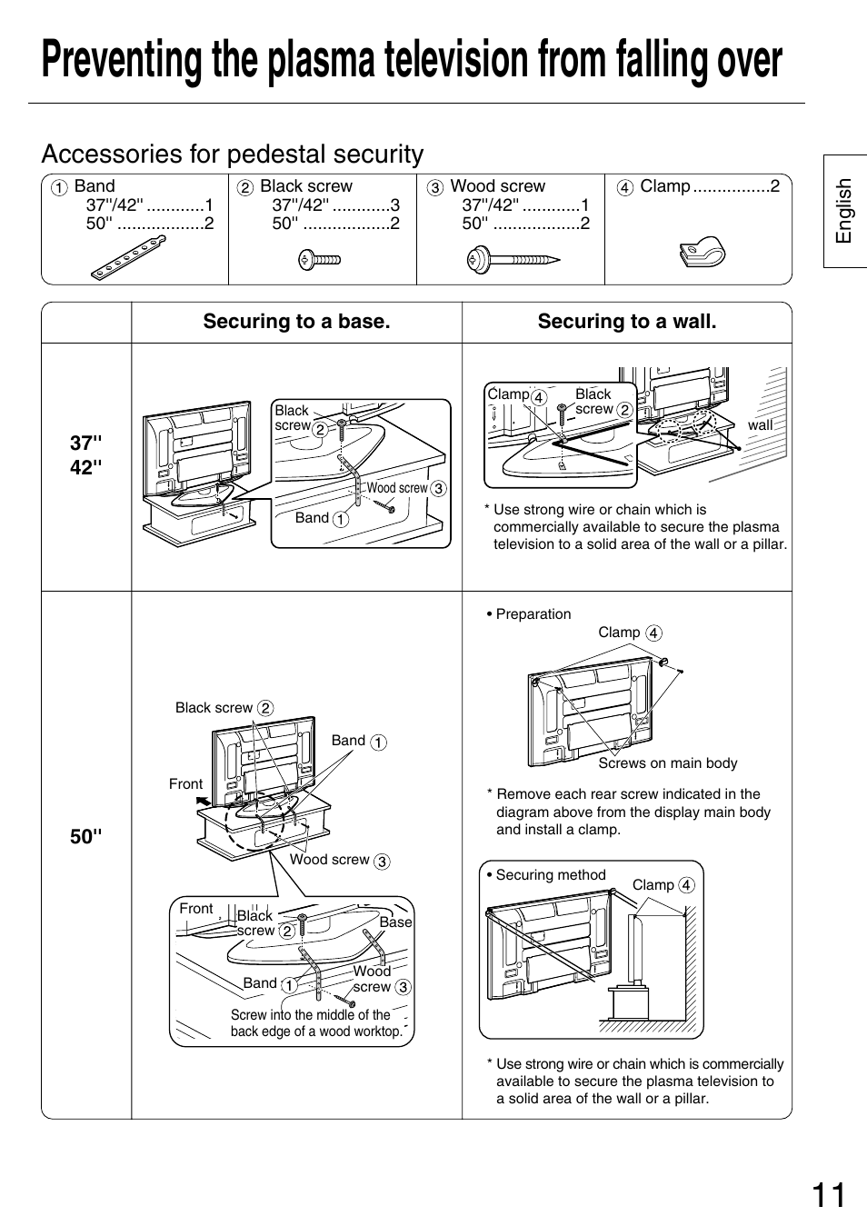Preventing the plasma television from falling over, Accessories for pedestal security | Panasonic TYST50PX500 User Manual | Page 11 / 52