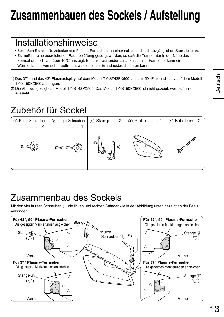 Zusammenbauen des sockels / aufstellung, Zusammenbau des sockels, Zubehör für sockel | Installationshinweise | Panasonic TYST50PX500 User Manual | Page 13 / 52