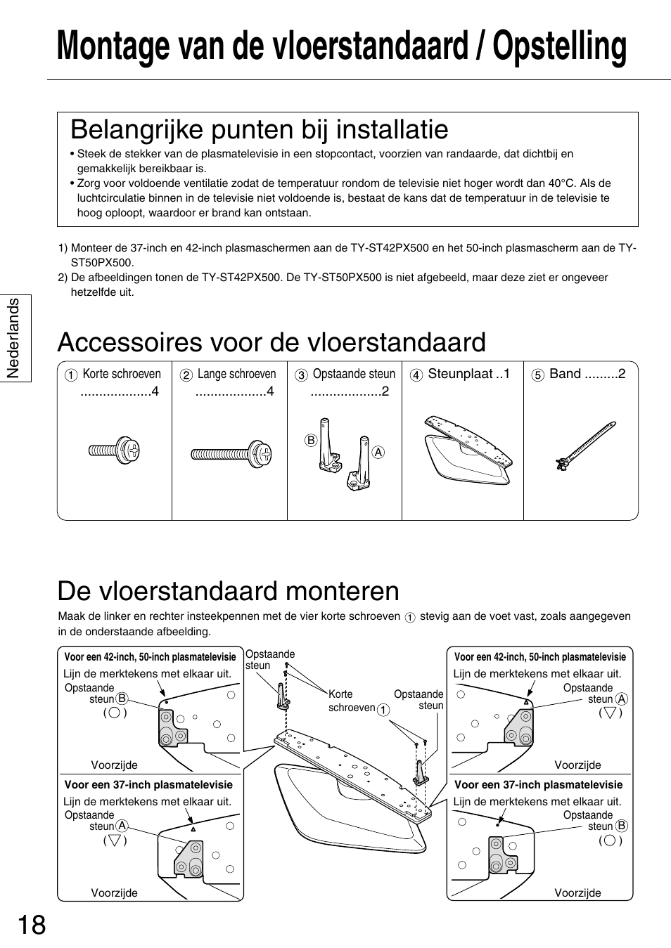 Montage van de vloerstandaard / opstelling, De vloerstandaard monteren, Accessoires voor de vloerstandaard | Belangrijke punten bij installatie | Panasonic TYST50PX500 User Manual | Page 18 / 52