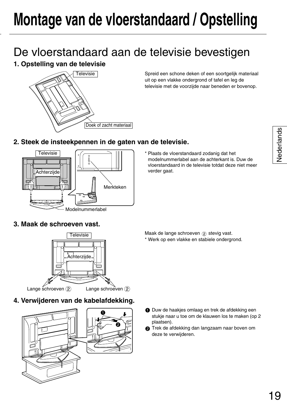 Montage van de vloerstandaard / opstelling, De vloerstandaard aan de televisie bevestigen | Panasonic TYST50PX500 User Manual | Page 19 / 52