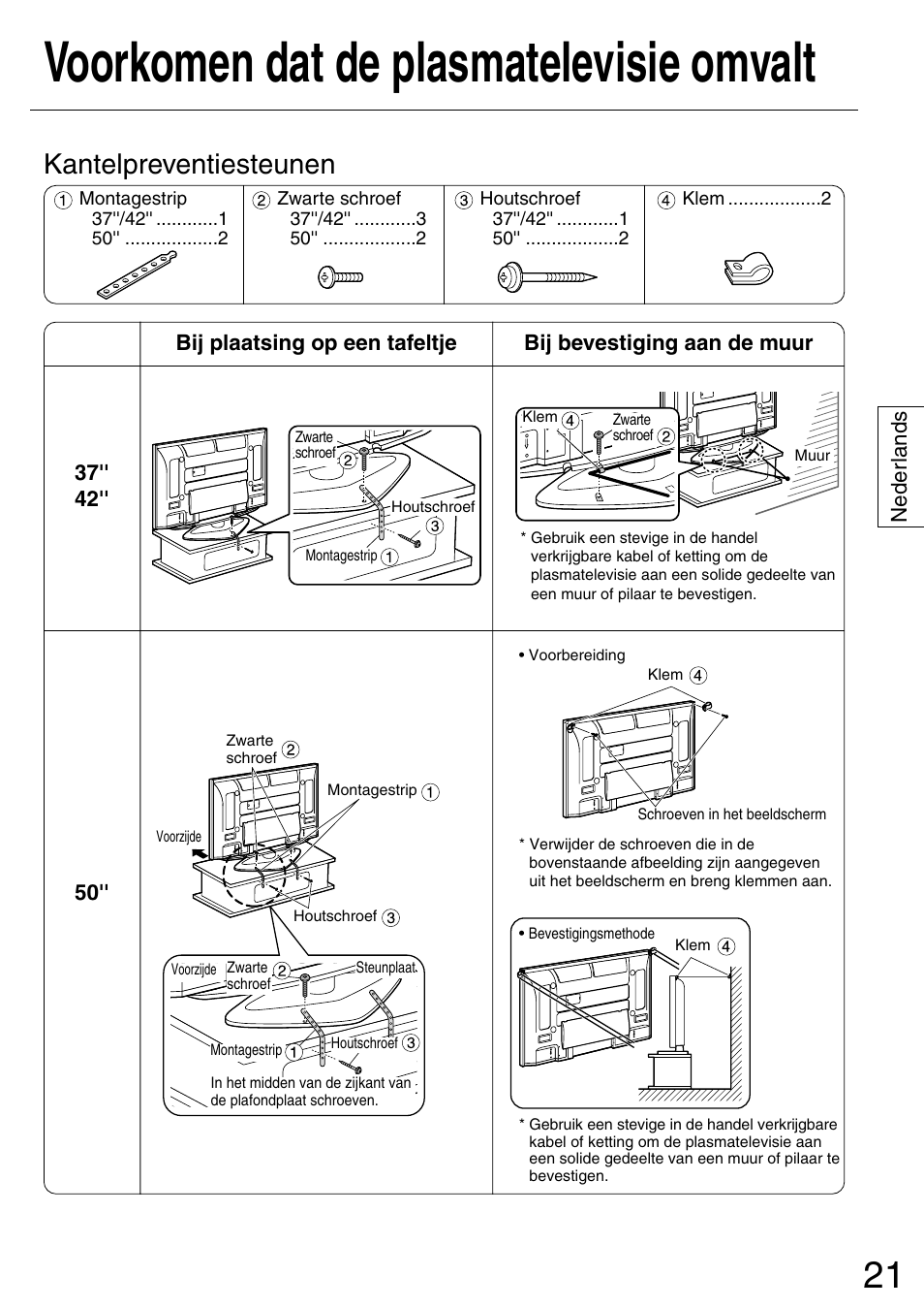 Voorkomen dat de plasmatelevisie omvalt, Kantelpreventiesteunen | Panasonic TYST50PX500 User Manual | Page 21 / 52