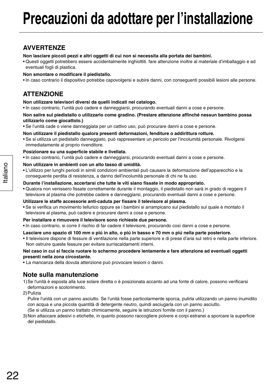 Precauzioni da adottare per l’installazione | Panasonic TYST50PX500 User Manual | Page 22 / 52