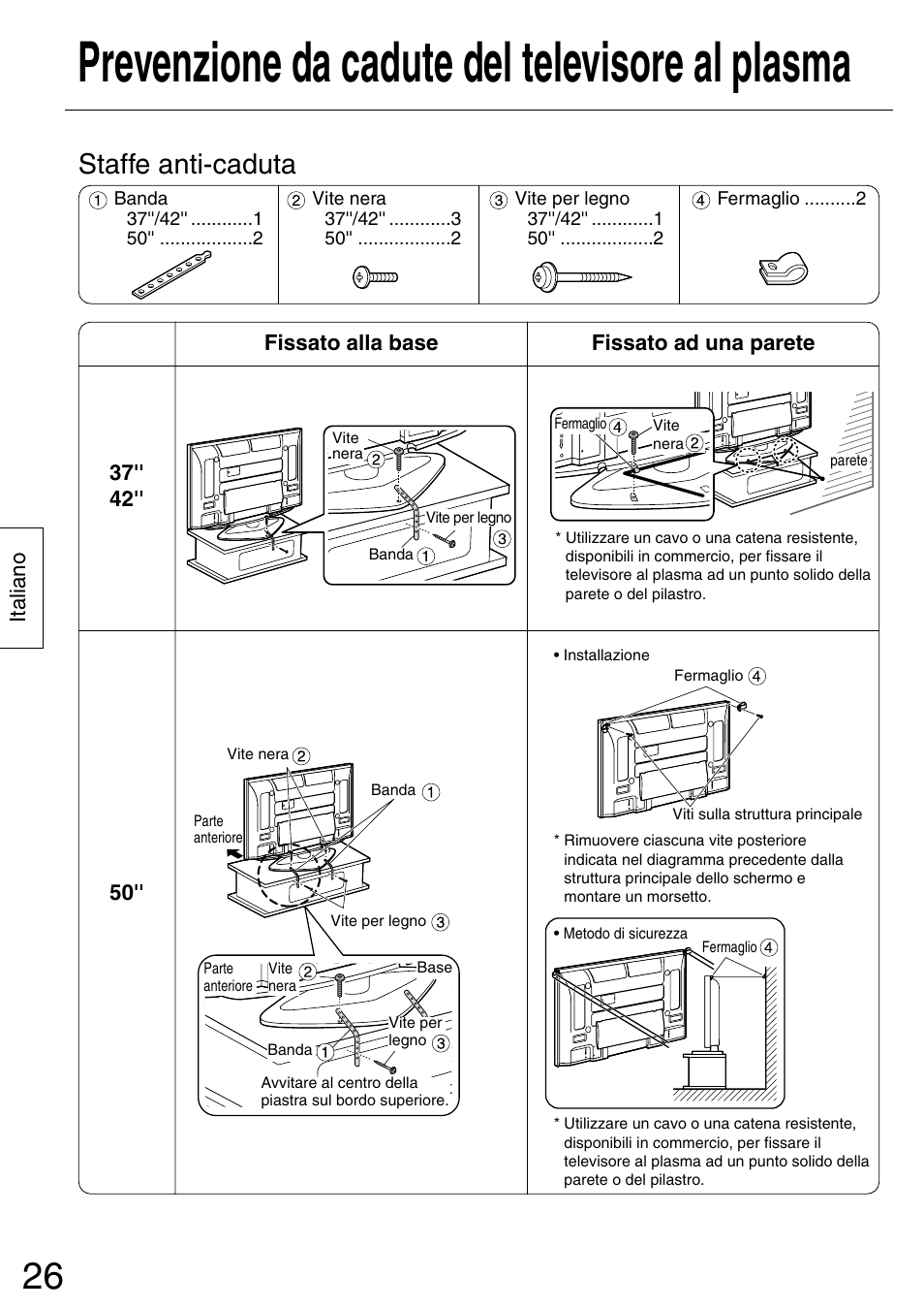 Prevenzione da cadute del televisore al plasma, Staffe anti-caduta | Panasonic TYST50PX500 User Manual | Page 26 / 52