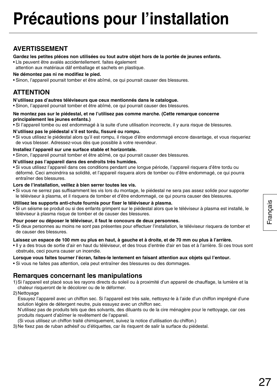 Précautions pour l’installation | Panasonic TYST50PX500 User Manual | Page 27 / 52