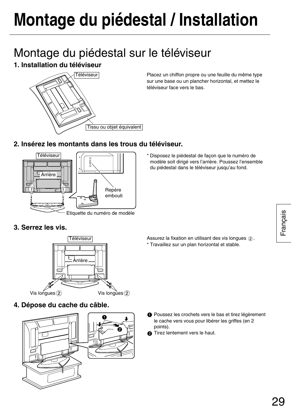 Montage du piédestal / installation, Montage du piédestal sur le téléviseur | Panasonic TYST50PX500 User Manual | Page 29 / 52