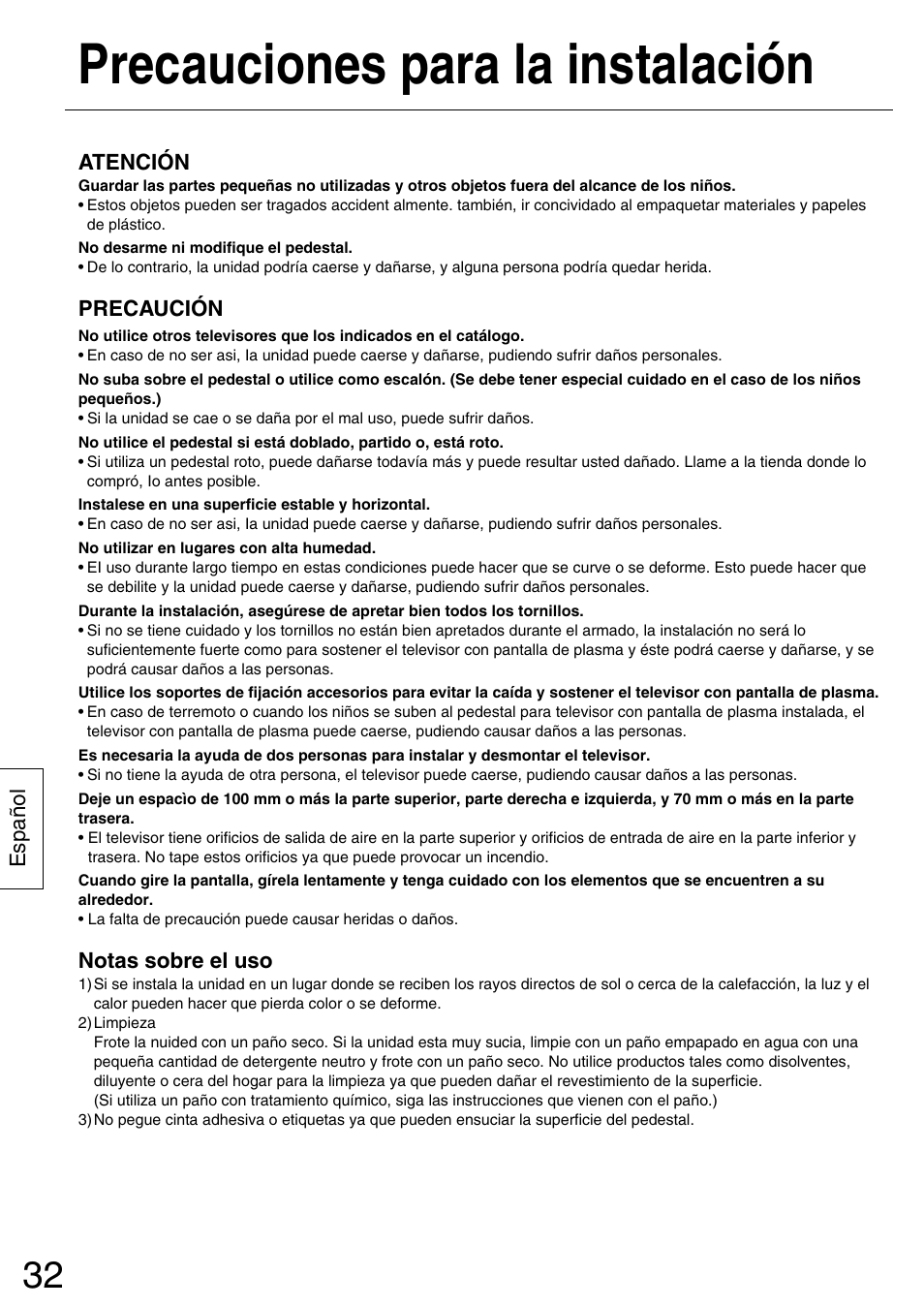 Precauciones para la instalación | Panasonic TYST50PX500 User Manual | Page 32 / 52