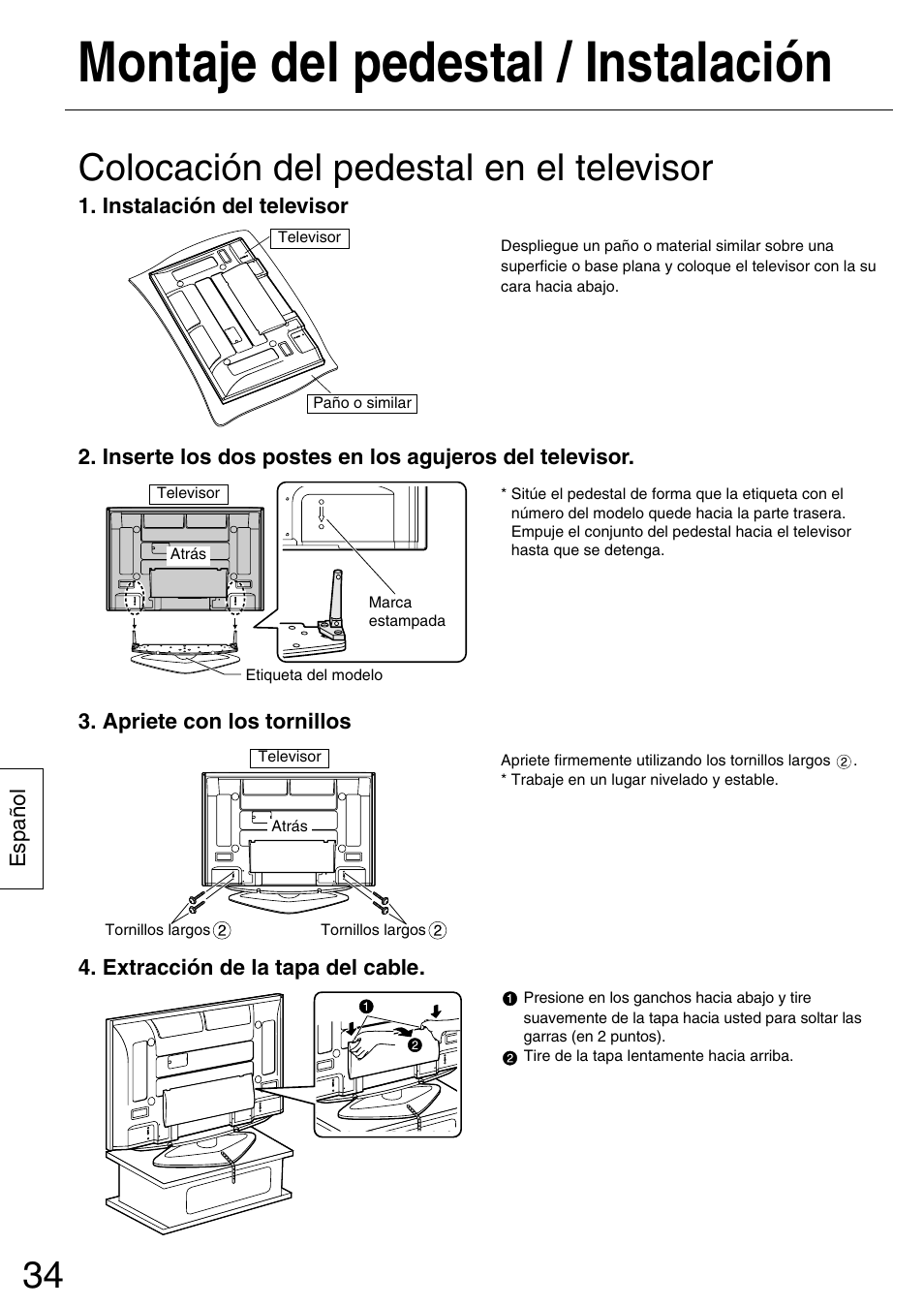 Montaje del pedestal / instalación, Colocación del pedestal en el televisor | Panasonic TYST50PX500 User Manual | Page 34 / 52